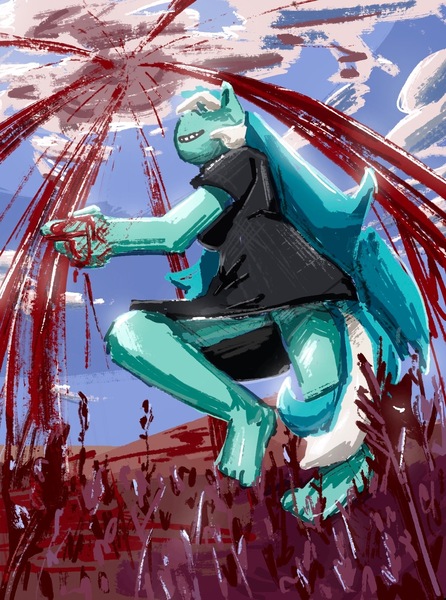 Size: 1241x1668 | Tagged: semi-grimdark, artist:ploskostnost, derpibooru import, lyra heartstrings, anthro, g4, blood, cloud, digital art, grass, image, jpeg, outdoors, ultrakill