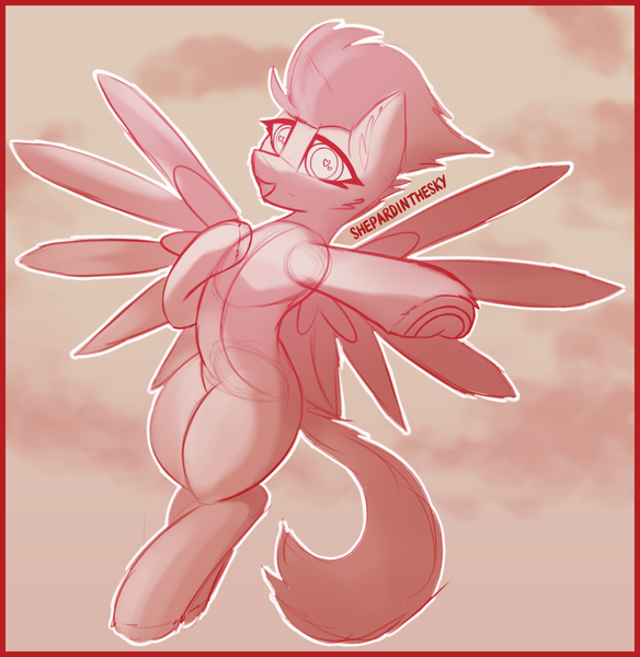 Size: 1740x1788 | Tagged: safe, artist:shepardinthesky, derpibooru import, spitfire, pegasus, pony, g4, flying, heart, heart eyes, hoof on chest, image, looking at you, png, reaching, sketch, solo, spread wings, wingding eyes, wings