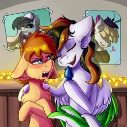 Size: 2120x2117 | Tagged: suggestive, artist:yuris, derpibooru import, oc, oc:pip, oc:pixel snipon, unofficial characters only, earth pony, pegasus, pony, blushing, buttplug, chest fluff, commission, ear fluff, eyes closed, floppy ears, garland, high res, image, png, poster, room, sex toy, shipping, smiling, spread wings, wallpaper, wings, ych result