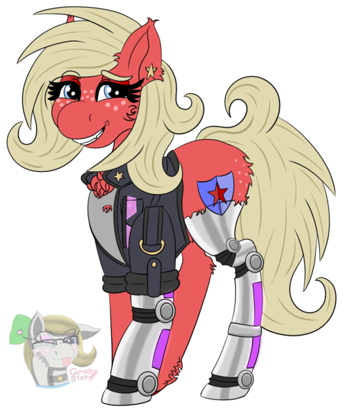 Size: 1008x1197 | Tagged: safe, artist:gray star, derpibooru import, oc, oc:scarlet star, unofficial characters only, cyborg, earth pony, pony, butt freckles, chest fluff, clothes, cyberpunk, ear fluff, ear piercing, female, fluffy, freckles, glasses, image, jacket, leather, leather jacket, mare, nighthaze, piercing, png, simple background, solo, trans female, transgender, transgender oc, transparent background, unshorn fetlocks