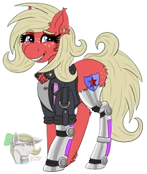 Size: 1008x1197 | Tagged: safe, artist:gray star, derpibooru import, oc, oc:scarlet star, unofficial characters only, cyborg, earth pony, pony, butt freckles, chest fluff, clothes, cyberpunk, ear fluff, ear piercing, female, fluffy, freckles, glasses, image, jacket, leather, leather jacket, mare, nighthaze, piercing, png, simple background, solo, trans female, transgender, transgender oc, transparent background, unshorn fetlocks