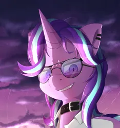 Size: 3000x3200 | Tagged: safe, artist:nihithebrony, derpibooru import, starlight glimmer, pony, unicorn, g4, aviator sunglasses, belt, clothes, cloud, cloudy, colored background, female, glasses, grin, high res, image, looking at you, mare, outdoors, png, purple background, purple eyes, simple background, smiling, smiling at you, smug, solo, stars, sunglasses, vest