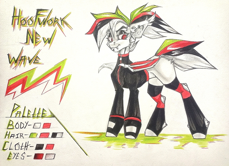 Size: 1280x926 | Tagged: safe, artist:tlen borowski, derpibooru import, oc, oc:hoofwork new wave, unofficial characters only, bat pony, pony, adopted oc, bat pony oc, bat wings, black eyeshadow, clothes, colored wings, ear piercing, ear tufts, earring, eyebrow piercing, eyeshadow, fangs, folded wings, gloves, goth, hockless socks, image, jacket, jewelry, jpeg, judging, leather, leather jacket, lip piercing, makeup, multicolored hair, multicolored mane, multicolored tail, piercing, ponytail, red eyes, reference sheet, serious, slit pupils, socks, solo, standing, tail, traditional art, wings, zipper