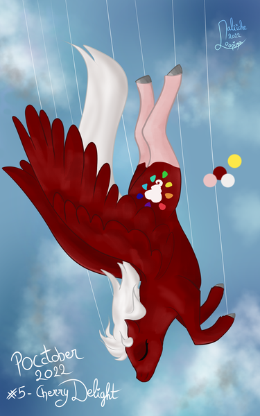 Size: 2500x4000 | Tagged: safe, artist:loopina, derpibooru import, oc, oc:cherry delight, fly, insect, pegasus, pony, female, image, png, pocctober, poctober, serene, simple background, sky, solo, to fall