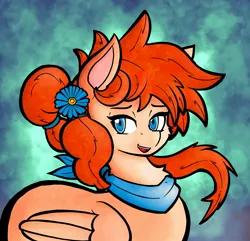 Size: 2500x2405 | Tagged: safe, artist:facadeart, derpibooru import, oc, oc:zinnia, unofficial characters only, pegasus, pony, accessory, blue eyes, clothes, commission, flower, flower in hair, high res, image, jpeg, orange hair, pegasus oc, solo, tan coat, wings