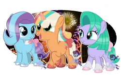 Size: 1134x704 | Tagged: safe, artist:nightlightartz, derpibooru import, earth pony, pegasus, pony, unicorn, g4, g5, my little pony: make your mark, my little pony: make your mark chapter 2, spoiler:my little pony: make your mark chapter 2, bow, female, filly, foal, g5 to g4, generation leap, glory (g5), image, looking at someone, open mouth, open smile, peach fizz, pippsqueak trio, pippsqueaks, png, seashell (g5), simple background, smiling, tail, tail bow, transparent background, trio, trio female, unshorn fetlocks