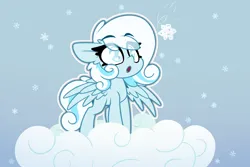 Size: 3000x2000 | Tagged: safe, artist:nekro-led, derpibooru import, oc, oc:snowdrop, unofficial characters only, pegasus, pony, blind, cloud, cute, eye clipping through hair, floppy ears, gradient background, high res, image, png, snow, snowfall, snowflake, spread wings, wings