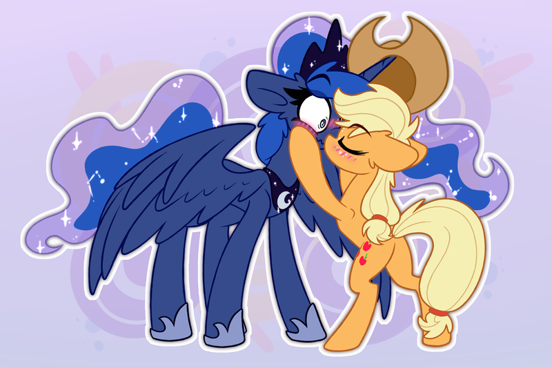 Size: 3000x2000 | Tagged: safe, artist:nekro-led, derpibooru import, applejack, princess luna, alicorn, earth pony, pony, g4, applebutt, bipedal, blushing, butt, cowboy hat, cute, duo, eyes closed, female, floppy ears, hairband, hat, high res, image, kiss on the lips, kissing, lesbian, mare, plot, png, scrunchy face, ship:lunajack, shipping, spread wings, surprise kiss, surprised, wings