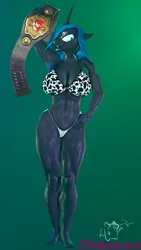 Size: 2160x3840 | Tagged: suggestive, artist:toniscampers, derpibooru import, queen chrysalis, anthro, changeling, changeling queen, plantigrade anthro, g4, 3d, big breasts, bikini, bikini bottom, bikini top, breasts, busty queen chrysalis, championship belt, cleavage, clothes, female, high res, image, muscles, muscular female, png, queen chrysalifts, solo, solo female, source filmmaker, swimsuit, thick