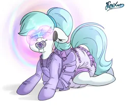 Size: 4000x3400 | Tagged: suggestive, artist:fluffyxai, derpibooru import, oc, oc:nine the divine, pony, adult foal, clothes, diaper, diaper fetish, dress, drool, drool on face, earbuds, fetish, frilly diaper, hypnogear, hypnogoggles, hypnosis, hypnotized, image, mental regression, non-baby in diaper, pacifier, png, poofy diaper, smiling, swirly eyes, visor