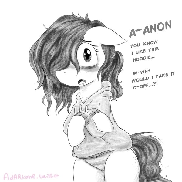 Size: 3000x3000 | Tagged: safe, artist:adarkone, derpibooru import, oc, oc:floor bored, unofficial characters only, earth pony, pony, bipedal, blushing, clothes, crossed hooves, cute, dialogue, earth pony oc, female, grayscale, high res, hind legs, hoodie, image, implied anon, jpeg, legs together, mare, messy mane, monochrome, panties, simple background, underwear, white background