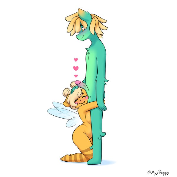 Size: 2480x2480 | Tagged: explicit, artist:katputze, derpibooru import, oc, oc:bee, oc:flower, anthro, bee pony, earth pony, original species, plantigrade anthro, pony, blush sticker, blushing, breasts, cock worship, duo, eyes closed, female, floating heart, heart, high res, hug, image, jpeg, looking down, male, mare, nudity, oc x oc, penis, penis on face, shipping, signature, simple background, smiling, stallion, straight, white background