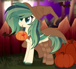 Size: 1800x1640 | Tagged: safe, artist:vi45, derpibooru import, oc, unofficial characters only, bat, bat pony, pony, clothes, concave belly, female, fence, hat, image, mare, png, pumpkin, pumpkin bucket, socks, solo, striped socks, witch hat