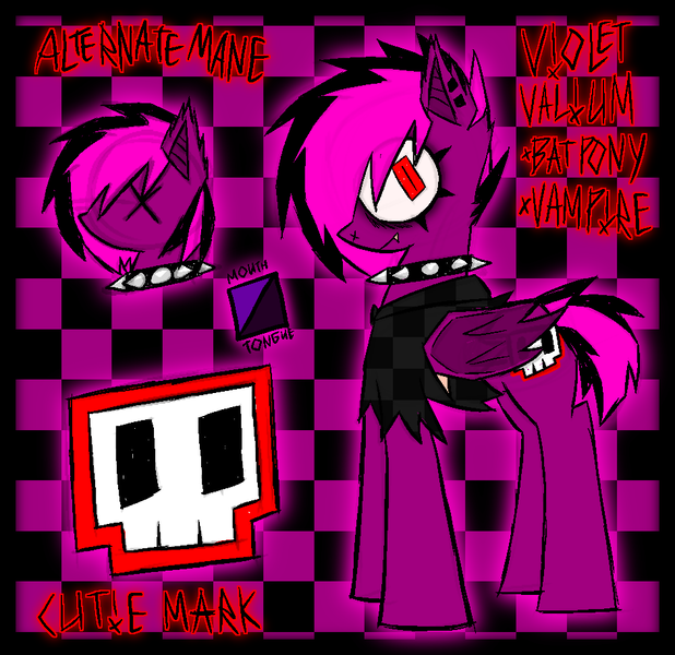 Size: 943x915 | Tagged: safe, artist:xxv4mp_g4z3rxx, derpibooru import, oc, oc:violet valium, unofficial characters only, bat pony, pony, bat pony oc, bat wings, checkered background, clothes, collar, cutie mark, ear piercing, eyeliner, fangs, folded wings, hoodie, image, makeup, piercing, png, red eyes, reference sheet, solo, spiked collar, torn ear, two toned mane, wings