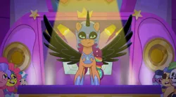 Size: 3300x1836 | Tagged: safe, derpibooru import, screencap, nightmare moon, sunny starscout, earth pony, pony, g5, my little pony: tell your tale, spoiler:g5, spoiler:my little pony: tell your tale, spoiler:tyts01e30, clothes, cosplay, costume, delightful trifle, fake alicorn, fake horn, fake wings, female, grassy hills, halloween, halloween costume, holiday, image, lemon gear, mane stripe sunny, mare, nightmare night costume, nightmare night party, nightmare sunny, ollie north, paisley bluebell, png, sunny styles