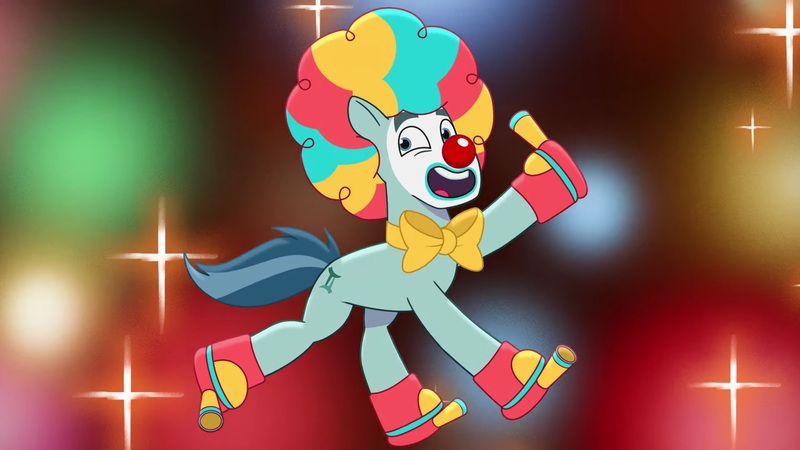 Size: 1920x1080 | Tagged: safe, derpibooru import, screencap, earth pony, pony, g5, my little pony: tell your tale, spoiler:g5, spoiler:my little pony: tell your tale, spoiler:tyts01e30, alternate hairstyle, boots, clothes, clown, image, jpeg, male, nightmare night party, open mouth, rufus, shoes, stallion