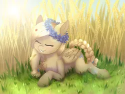 Size: 1300x970 | Tagged: safe, artist:toxiccolour, derpibooru import, oc, oc:cornflower meadow, ponified, unofficial characters only, insect, ladybug, pegasus, pony, blushing, chest fluff, cute, estonia, eyes closed, female, floral head wreath, flower, food, grass, grin, image, lying down, mare, nation ponies, png, prone, smiling, solo, wheat