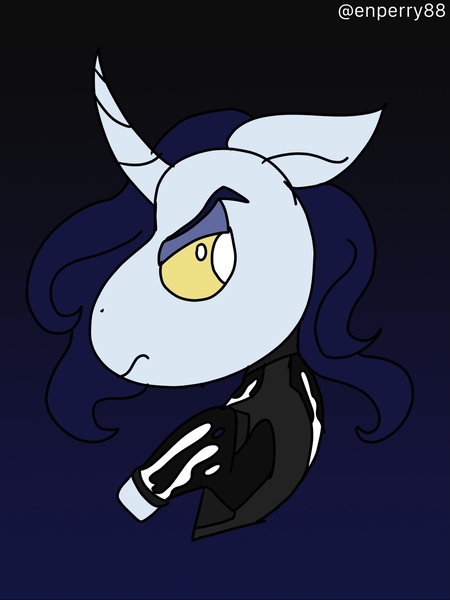 Size: 1537x2050 | Tagged: safe, artist:enperry88, derpibooru import, moonlight raven, pony, unicorn, series:kensatober, series:mlp x toni kensa, g4, alternate hairstyle, black background, clothes, collaboration, crossover, curved horn, female, goth, goth pony, gradient background, horn, image, jpeg, kensatober, looking at something, navy background, raised hoof, simple background, solo, splatoon, splatoon 3, sweater, toni kensa, vest, white splatter