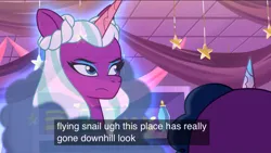 Size: 1136x640 | Tagged: safe, derpibooru import, edit, edited screencap, screencap, alicorn, pony, unicorn, g5, my little pony: tell your tale, spoiler:g5, spoiler:tyts01e30, caption, female, hologram, image, mare, meme, meta, misty brightdawn, nightmare night party, opaline arcana, png, youtube caption