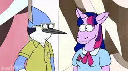 Size: 842x473 | Tagged: safe, derpibooru import, edit, screencap, twilight sparkle, anthro, bird, blue jay, unicorn, g4, crossover, crossover shipping, female, hoers, image, jpeg, male, mordecai, mordetwi, regular show, shipping, straight, style emulation, unicorn twilight