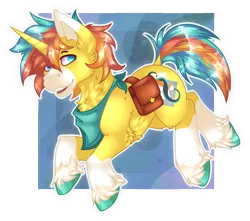 Size: 1564x1381 | Tagged: safe, artist:chvrchgrim, derpibooru import, oc, oc:timid leap, unofficial characters only, pony, unicorn, bag, image, male, neckerchief, png, satchel, smiling, solo, stallion, unshorn fetlocks