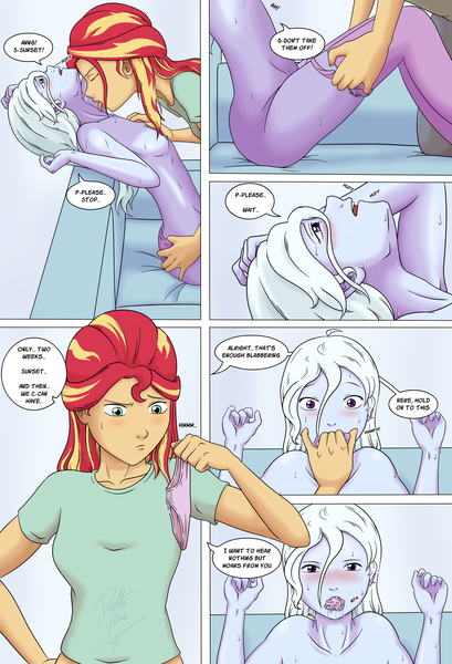 Size: 1920x2816 | Tagged: questionable, artist:deltalima, derpibooru import, sunset shimmer, trixie, human, comic:dickhead shimmer 2, equestria girls, g4, blushing, breasts, clothes, comic, delicious flat chest, dialogue, drool, female, flatrixie, gag, image, imminent sex, lesbian, licking, neck licking, nipples, nudity, panties, panties around legs, panty gag, partial nudity, png, shipping, sideboob, socks, suntrix, sweat, thigh highs, tongue out, topless, underwear, wet panties