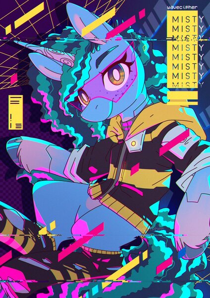 Size: 848x1200 | Tagged: safe, artist:musicfirewind, derpibooru import, pony, semi-anthro, unicorn, g5, arm hooves, clothes, cornrows, cyberpunk, error, female, glitch, hoodie, horn, image, jpeg, misty brightdawn, socks, solo, sunglasses, visor