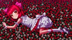 Size: 2048x1152 | Tagged: safe, ai content, derpibooru import, machine learning generated, stable diffusion, apple bloom, human, g4, bloomers, blushing, clothes, flower field, humanized, image, lying down, png, smiling, socks, solo, white dress