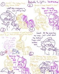 Size: 4779x6013 | Tagged: safe, artist:adorkabletwilightandfriends, derpibooru import, moondancer, spike, starlight glimmer, twilight sparkle, twilight sparkle (alicorn), oc, oc:pinenut, alicorn, cat, dragon, pony, unicorn, comic:adorkable twilight and friends, g4, adorkable, adorkable twilight, arm around neck, butt, clothes, coffee, comic, conversation, cup, cute, disgusted, dork, friendship, frustrated, glasses, glimmer glutes, humor, image, implied masturbation, innuendo, male, meme, mug, nervous, pep talk, plot, png, slice of life, sweater, tail, tailboner, unexpected, vanity, walking