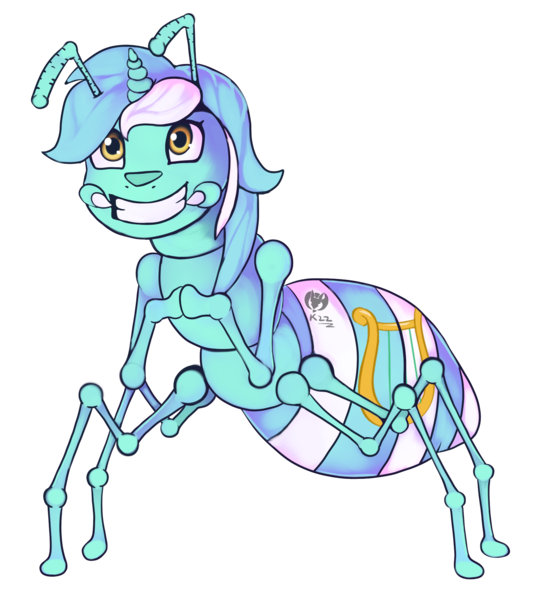 Size: 1956x2164 | Tagged: safe, artist:kenisu-of-dragons, derpibooru import, lyra heartstrings, ant, insect, pony, unicorn, g4, clasped hands, commission, grin, high res, image, insectified, lyrant, png, signature, simple background, smiling, solo, species swap, transparent background