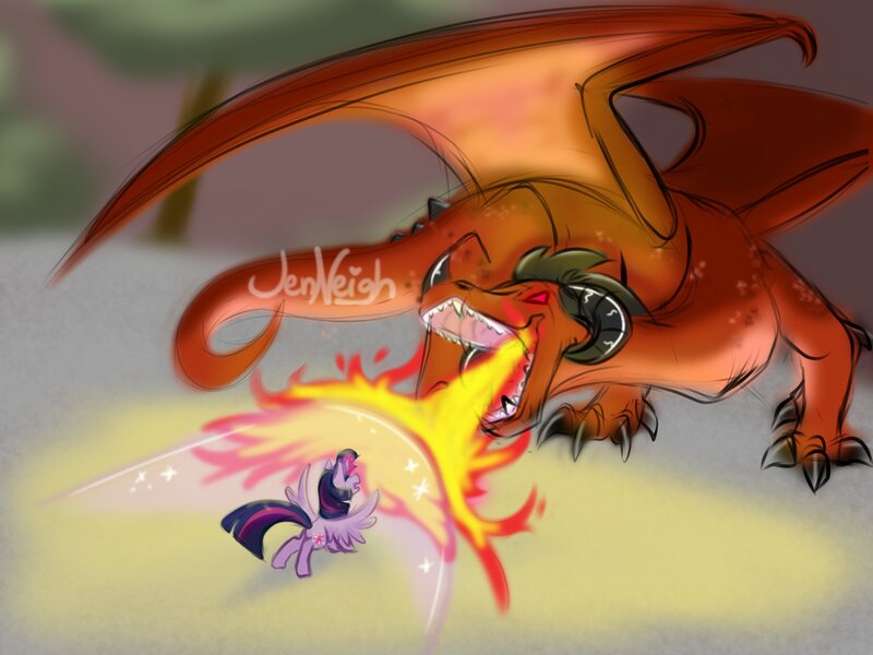 Size: 2000x1500 | Tagged: safe, artist:jen-neigh, derpibooru import, twilight sparkle, twilight sparkle (alicorn), alicorn, dragon, pony, g4, fire, fire breath, force field, image, jpeg, magic, sketch