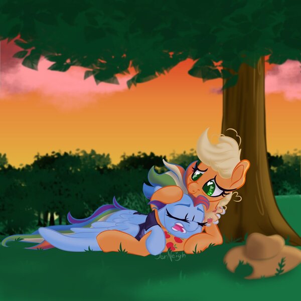 Size: 1000x1000 | Tagged: safe, artist:jen-neigh, derpibooru import, applejack, rainbow dash, earth pony, pony, unicorn, g4, appledash, cuddling, female, image, jpeg, lesbian, shipping, sleeping, smiling, snoring, tree, under the tree