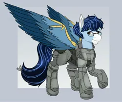 Size: 4096x3419 | Tagged: safe, artist:suchalmy, derpibooru import, oc, oc:soaring spirit, unofficial characters only, pegasus, pony, abstract background, accessory, armor, coat markings, colored wings, commission, facial markings, glasses, gradient background, image, jpeg, male, markings, multicolored hair, multicolored mane, multicolored tail, multicolored wings, pegasus oc, solo, stallion, star citizen, tail, three toned wings, wing armor, wing brace, wings