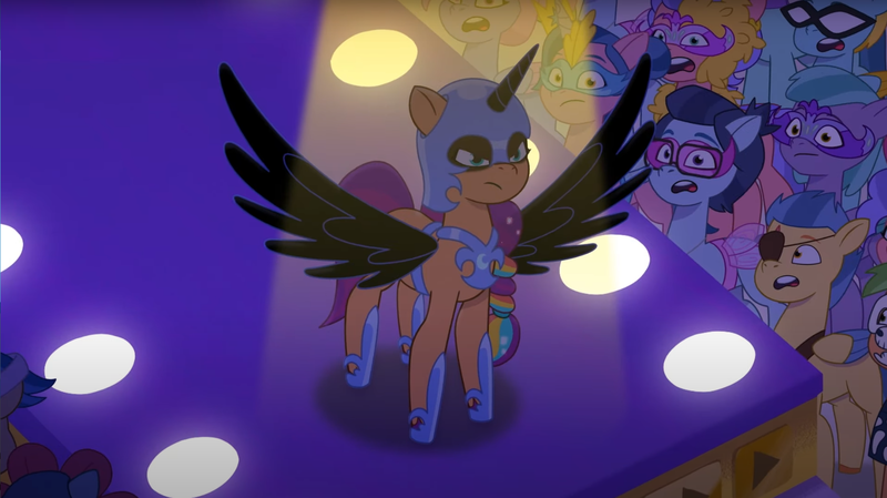 Size: 1680x942 | Tagged: safe, derpibooru import, screencap, nightmare moon, sunny starscout, earth pony, pony, g5, my little pony: tell your tale, spoiler:g5, spoiler:my little pony: tell your tale, spoiler:tyts01e30, cherry flyaway, clothes, costume, fake alicorn, fake horn, fake wings, feather clips, female, halloween, halloween costume, holiday, image, lemon gear, mane stripe sunny, mare, nightmare night costume, nightmare night party, nightmare sunny, nightracer, paisley bluebell, plum library, png, shiny sparks