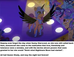 Size: 840x649 | Tagged: safe, derpibooru import, edit, edited screencap, screencap, nightmare moon, sunny starscout, earth pony, pony, g5, my little pony: tell your tale, spoiler:g5, spoiler:my little pony: tell your tale, spoiler:tyts01e30, bad end, cherry flyaway, clothes, corrupted, corrupted sunny starscout, costume, fake alicorn, fake horn, fake wings, feather clips, female, good end, halloween, halloween costume, holiday, image, lemon gear, mane stripe sunny, mare, nightmare night costume, nightmare night party, nightmare sunny, nightracer, paisley bluebell, plum library, png, ponestrip, shiny sparks, text