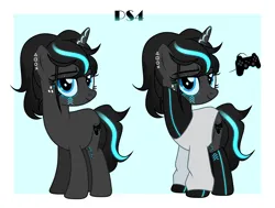 Size: 7279x5497 | Tagged: safe, alternate version, artist:idkhesoff, derpibooru import, oc, oc:ponystation, ponified, unofficial characters only, pony, unicorn, bedroom eyes, clothes, console ponies, derpibooru exclusive, ear piercing, earring, eyebrow piercing, female, freckles, image, jewelry, mare, markings, nose piercing, nose ring, piercing, playstation 4, png, socks, solo, stockings, sweater, tattoo, thigh highs