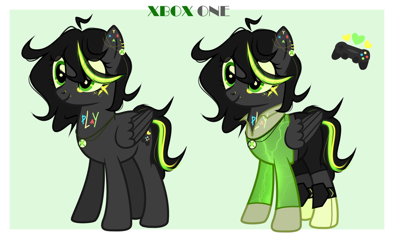 Size: 5760x3489 | Tagged: safe, alternate version, artist:idkhesoff, derpibooru import, oc, oc:xpone, ponified, unofficial characters only, pegasus, pony, boots, clothes, console ponies, derpibooru exclusive, ear piercing, earring, eyebrow piercing, female, freckles, image, jacket, jewelry, knee pads, mare, markings, necklace, nose piercing, nose ring, piercing, png, shoes, shorts, solo, tattoo, xbox, xbox one