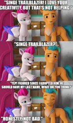 Size: 592x995 | Tagged: safe, derpibooru import, edit, edited screencap, screencap, hitch trailblazer, zipp storm, earth pony, pegasus, pony, g5, my little pony: make your mark, my little pony: make your mark chapter 2, spoiler:g5, spoiler:my little pony: make your mark chapter 2, spoiler:mymc02e01, alternate universe, comic, different name, female, image, implied sparky sparkeroni, izzy does it, mare, png, text