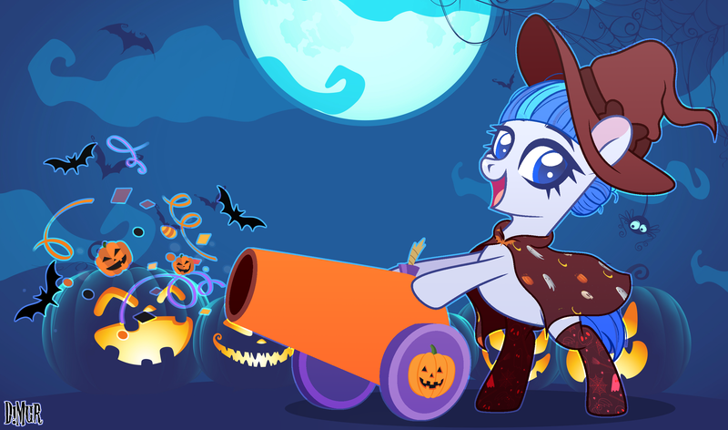 Size: 2828x1668 | Tagged: safe, artist:angelina-pax, artist:dianamur, derpibooru import, oc, oc:saph quills, unofficial characters only, bat, earth pony, pony, base used, bipedal, cannon, cape, clothes, commission, costume, cute, female, halloween, halloween costume, hat, holiday, image, jack-o-lantern, mare, moon, open mouth, party cannon, png, pumpkin, socks, solo, stockings, thigh highs, witch, witch hat, ych result