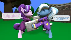 Size: 1920x1080 | Tagged: source needed, useless source url, safe, artist:ask-the-luna-knight, derpibooru import, starlight glimmer, trixie, pony, unicorn, g4, 3d, alternate hairstyle, babysitter trixie, clothes, comic, duo, eyes closed, giggling, grin, hoodie, image, jpeg, pillow, pillow fight, smiling, source filmmaker, speech bubble, text, tree