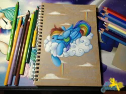 Size: 1920x1440 | Tagged: safe, artist:julunis14, derpibooru import, princess celestia, princess luna, rainbow dash, pegasus, pony, g4, cloud, colored pencil drawing, colored pencils, image, jpeg, sleeping, solo, traditional art