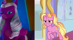 Size: 1132x621 | Tagged: safe, derpibooru import, edit, edited screencap, screencap, luster dawn, alicorn, pony, unicorn, g4, g5, my little pony: make your mark, my little pony: make your mark chapter 2, the last problem, spoiler:g5, spoiler:my little pony: make your mark, spoiler:my little pony: make your mark chapter 2, spoiler:mymc02e01, cropped, female, image, izzy does it, mare, opaline arcana, png, theory