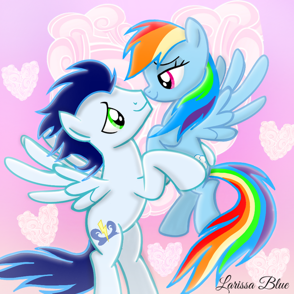 Size: 900x900 | Tagged: safe, artist:mlplary6, derpibooru import, rainbow dash, soarin', pegasus, pony, g4, bedroom eyes, boyfriend and girlfriend, carrying, cloud, female, flying, heart, image, looking at each other, looking at someone, love, male, mare, png, romance, romantic, shipping, smiling, smiling at each other, soarindash, stallion, straight, wind, windswept mane