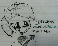 Size: 1280x1017 | Tagged: safe, artist:whiskeypanda, derpibooru import, nurse redheart, earth pony, pony, g4, bust, dialogue, drawthread, glasses, greentext, image, jpeg, lined paper, requested art, solo, speech bubble, text, traditional art