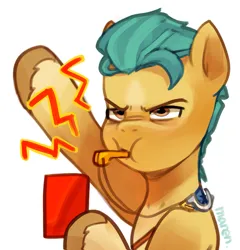 Size: 1821x1894 | Tagged: safe, artist:maren, derpibooru import, hitch trailblazer, earth pony, pony, g5, blaze (coat marking), blowing whistle, coat markings, emanata, facial markings, football, hitch trailblazer is not amused, image, male, penalty, png, red card, referee, simple background, socks (coat marking), solo, sports, stallion, unamused, whistle, whistle necklace, white background