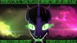 Size: 3840x2160 | Tagged: safe, artist:lagmanor, derpibooru import, oc, oc:lagmanor amell, unofficial characters only, bat, pony, undead, unicorn, vampire, vampony, 3d, amulet, bat ears, bat eyes, cape, clothes, fangs, glow, glowing eyes, high res, image, jewelry, latin, lens flare, looking at you, outfit, png, runes, solo, source filmmaker