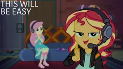 Size: 1920x1080 | Tagged: safe, derpibooru import, edit, edited screencap, editor:quoterific, screencap, fluttershy, sunset shimmer, human, equestria girls, g4, game stream, spoiler:eqg series (season 2), gamer sunset, image, my little pony equestria girls: better together, png