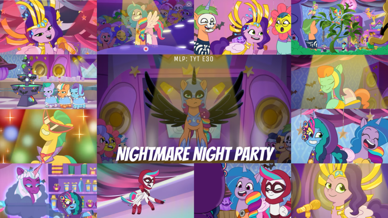 Size: 1974x1110 | Tagged: safe, derpibooru import, edit, edited screencap, editor:quoterific, screencap, hitch trailblazer, izzy moonbow, nightmare moon, pipp petals, sunny starscout, zipp storm, alicorn, earth pony, pegasus, pony, unicorn, g5, my little pony: make your mark, my little pony: tell your tale, spoiler:g5, spoiler:my little pony: make your mark, spoiler:my little pony: tell your tale, spoiler:tyts01e30, amalgamation, amalgamizzy, candy, candy corn, cherry flyaway, clothes, clown, costume, crown, delightful trifle, female, filly, flower costume, foal, food, fountain, glory (g5), grassy hills, headdress, image, jazz hooves, jewelry, lemon gear, male, mane five, mane stripe sunny, mare, medallion, microphone, minty skylark, misty brightdawn, necklace, nightmare night, nightmare night costume, nightmare night party, nightmare sunny, opaline arcana, open mouth, open smile, paisley bluebell, peach fizz, pippsqueak trio, pippsqueaks, plant, png, regalia, rufus, seashell (g5), smiling, stallion, sunglasses, sunny styles, the grady girls, the shining