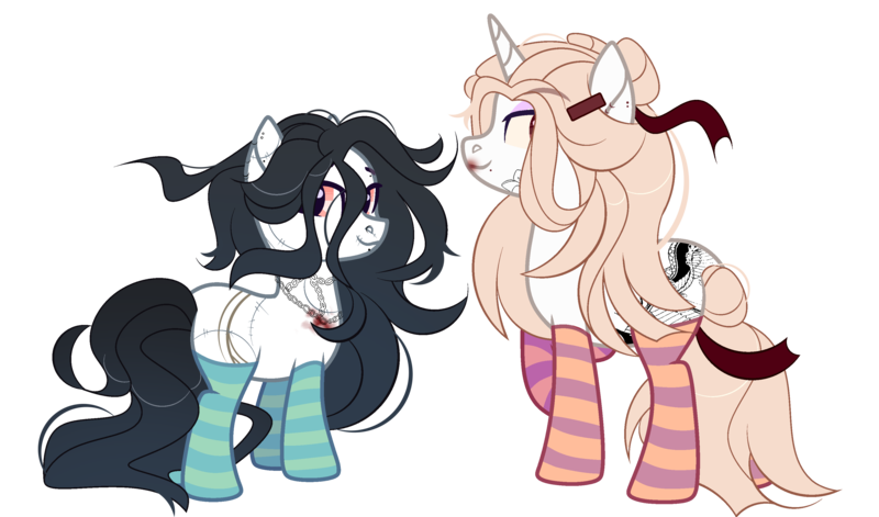 Size: 3399x2000 | Tagged: safe, artist:howie, derpibooru import, oc, oc:anna (spirit), oc:keiko (ghost), earth pony, ghost, pony, undead, unicorn, blood, chains, clothes, commission, duo, ear piercing, earring, eyebrow piercing, female, high res, image, jewelry, lipstick, makeup, mare, nose piercing, nose ring, piercing, png, raised hoof, scar, simple background, socks, spirit, striped socks, tattoo, transparent background, ych result