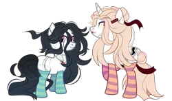 Size: 3399x2000 | Tagged: safe, artist:howie, derpibooru import, oc, oc:anna (spirit), oc:keiko (ghost), earth pony, ghost, pony, undead, unicorn, blood, chains, clothes, commission, duo, ear piercing, earring, eyebrow piercing, female, high res, image, jewelry, lipstick, makeup, mare, nose piercing, nose ring, piercing, png, raised hoof, scar, simple background, socks, spirit, striped socks, tattoo, transparent background, ych result